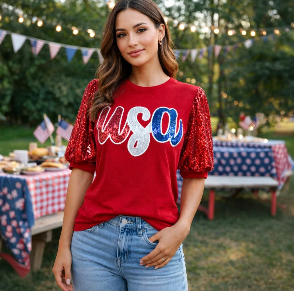USA Sequin Top with Sequin Puffed Sleeves