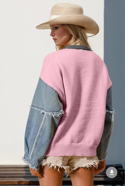 Curvy Star Pattern Raw Edge Denim Sweater-Pink 2x/3x
