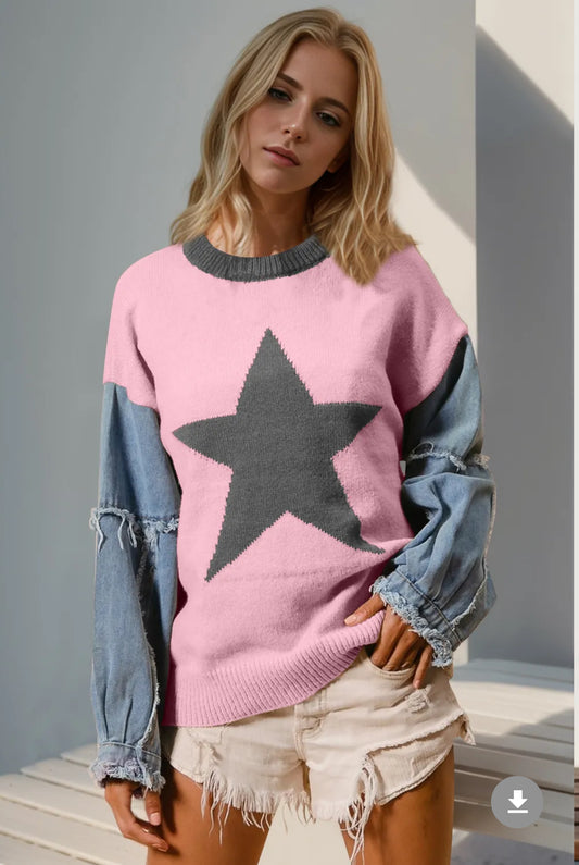 Curvy Star Pattern Raw Edge Denim Sweater-Pink 2x/3x
