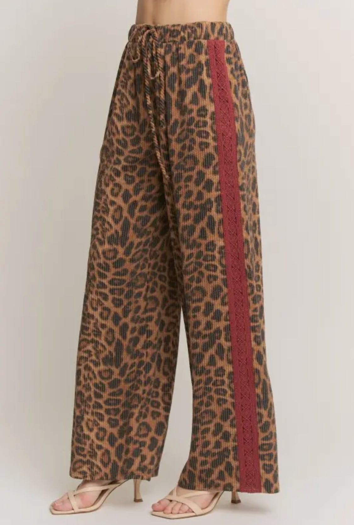 Brown Animal Print Urban Ribbed Pants W/ Red Lace Stripe