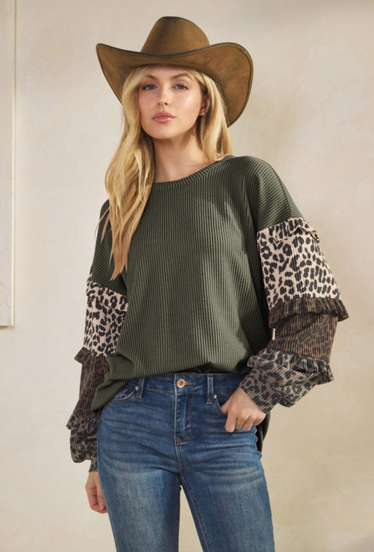 Olive Layered Ruffle Sleeve Urban Ribbed Top