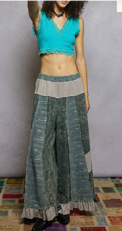 Char French Terry Patchwork Pants with Ruffle Hem