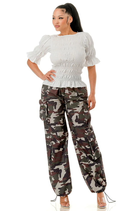 Camo Elastic Waist Side Pockets Cargo Pants