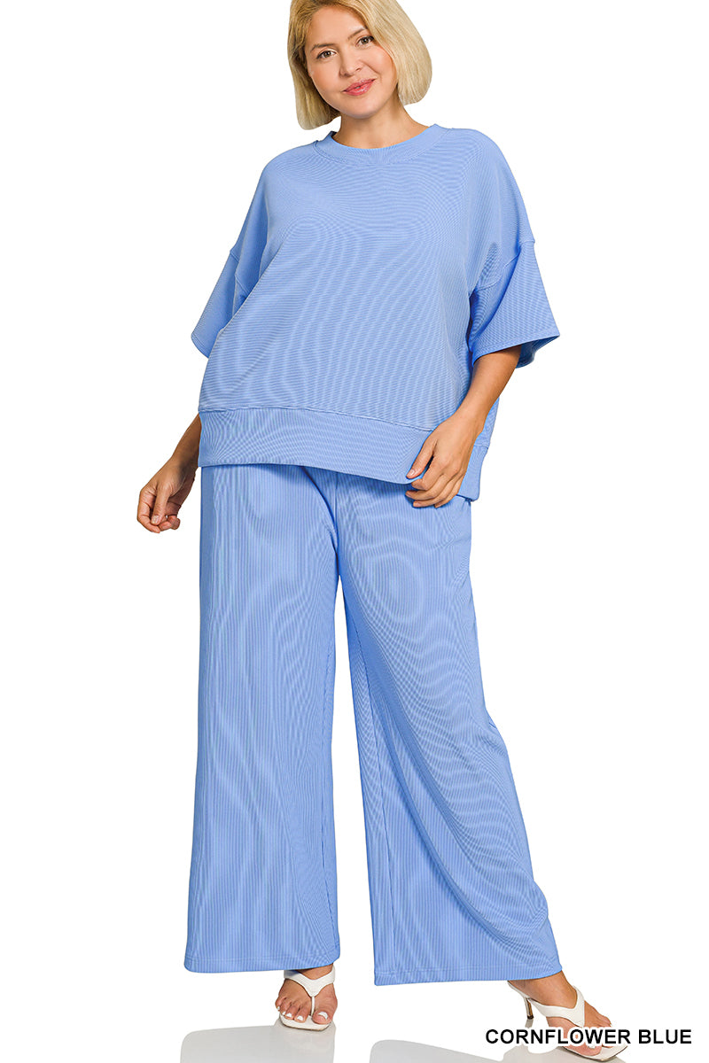 Cornflower Blue Ribbed Round Neck Tee & Pants Set