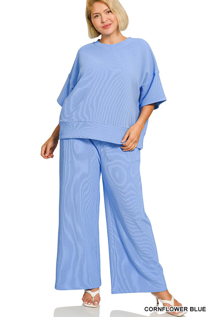 Cornflower Blue Ribbed Round Neck Tee & Pants Set