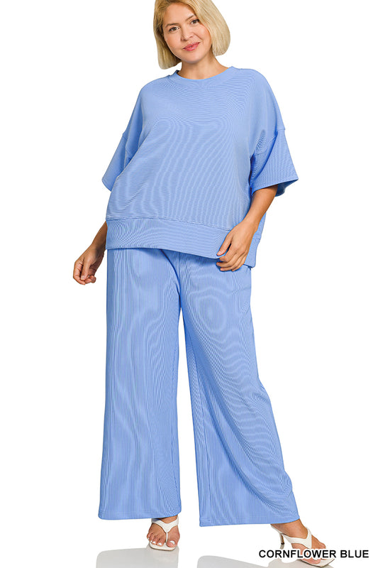 Cornflower Blue Ribbed Round Neck Tee & Pants Set