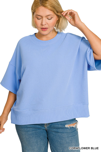 Cornflower Blue Ribbed Round Neck Tee & Pants Set