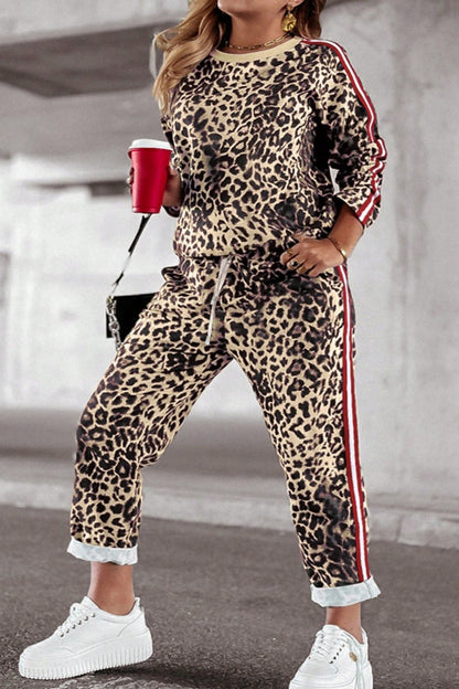 Leopard Round Neck Top and Pants Set