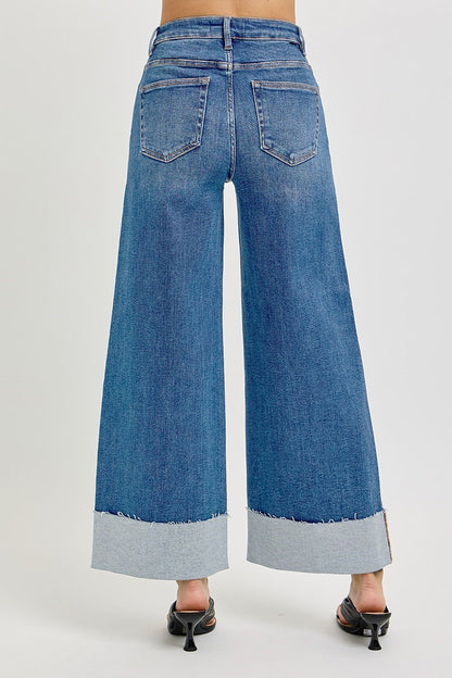 RISEN-TUMMY CONTROL HIGH RISE CROP WIDE CUFFED JEANS