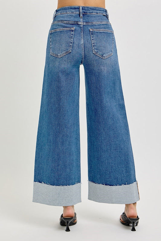 RISEN-TUMMY CONTROL HIGH RISE CROP WIDE CUFFED JEANS