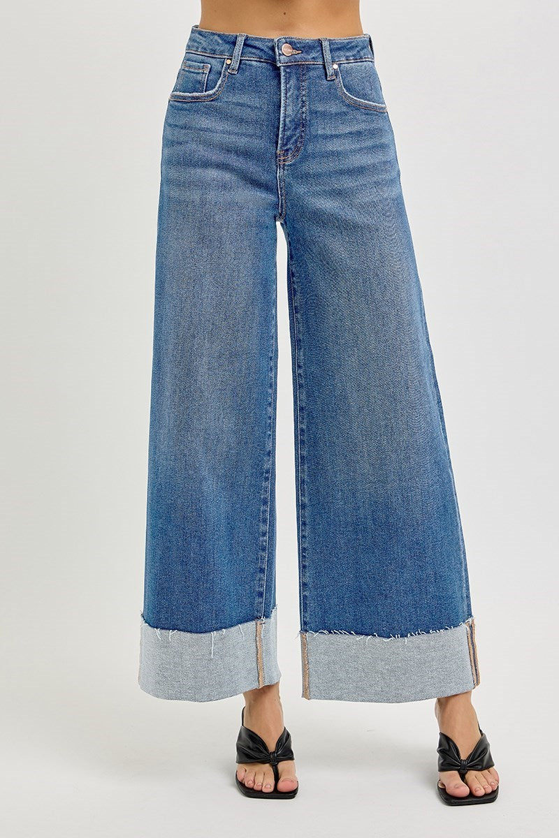 RISEN-TUMMY CONTROL HIGH RISE CROP WIDE CUFFED JEANS