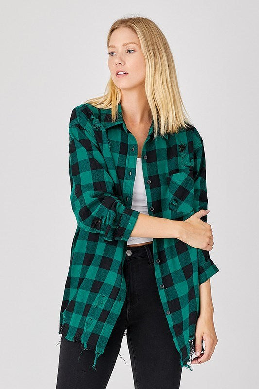 Curvy GREEN BUFFALO PLAID OVERSIZED DISTRESSED LONG SHIRT