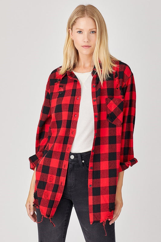 Curvy Red BUFFALO PLAID OVERSIZED DISTRESSED LONG SHIRT