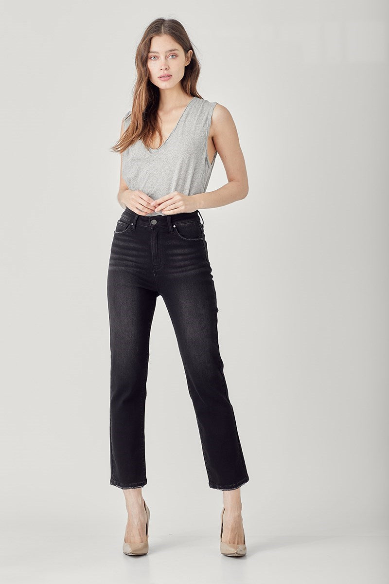 RISEN-BLACK HIGH-RISE CROP STRAIGHT JEANS