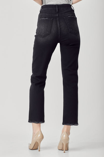 RISEN-BLACK HIGH-RISE CROP STRAIGHT JEANS