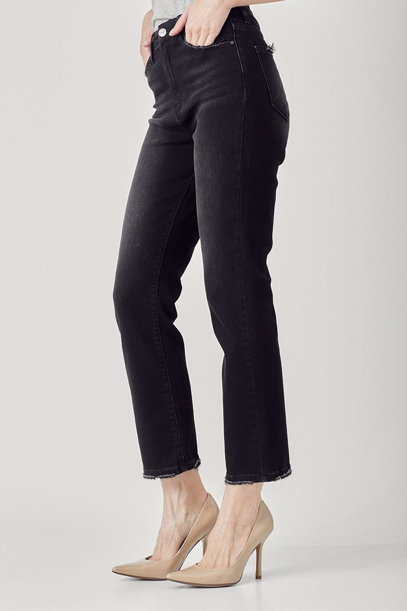 RISEN-BLACK HIGH-RISE CROP STRAIGHT JEANS