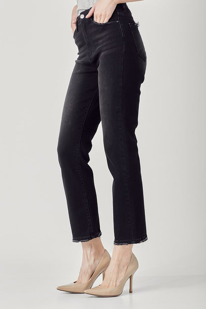 RISEN-BLACK HIGH-RISE CROP STRAIGHT JEANS