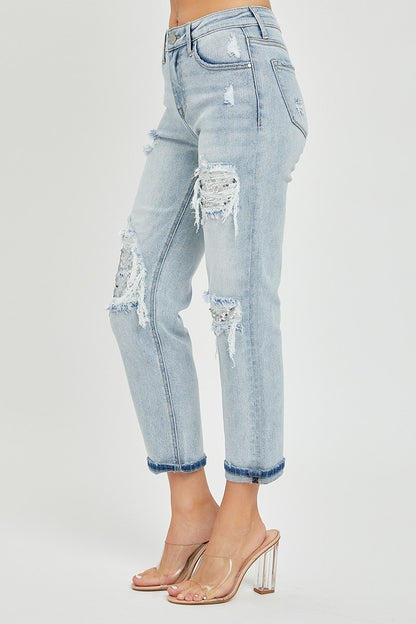 Curvy MID RISE SEQUINS PATCHED TAPERED JEANS