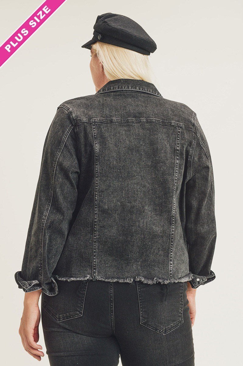 Curvy Black Wash Frayed Hem Denim Jacket