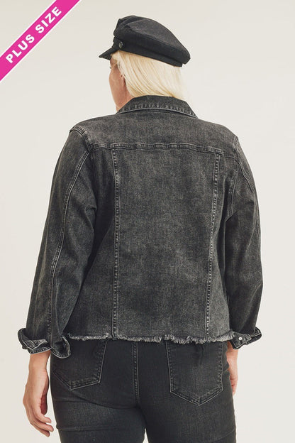 Curvy Black Wash Frayed Hem Denim Jacket