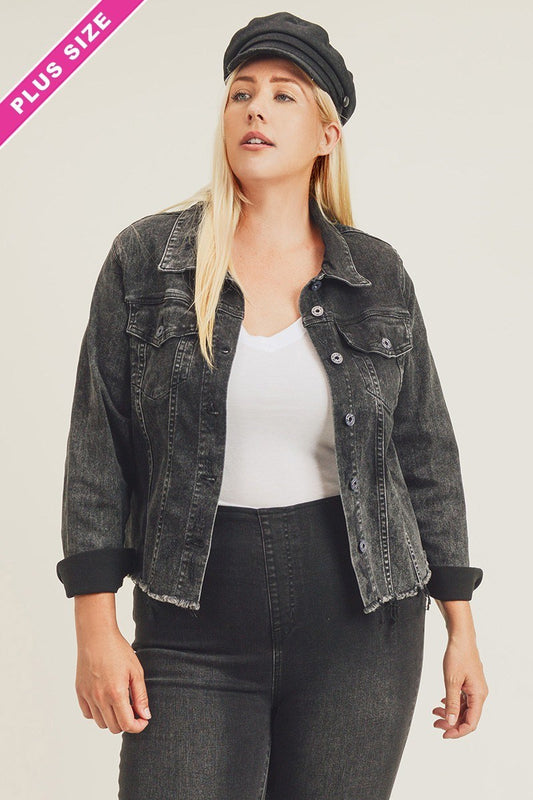 Curvy Black Wash Frayed Hem Denim Jacket