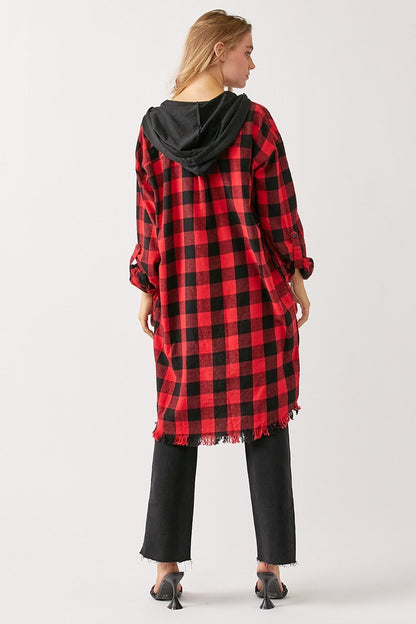 Curvy Red BUFFALO PLAID LONG SHIRT JACKET WITH HOODIE