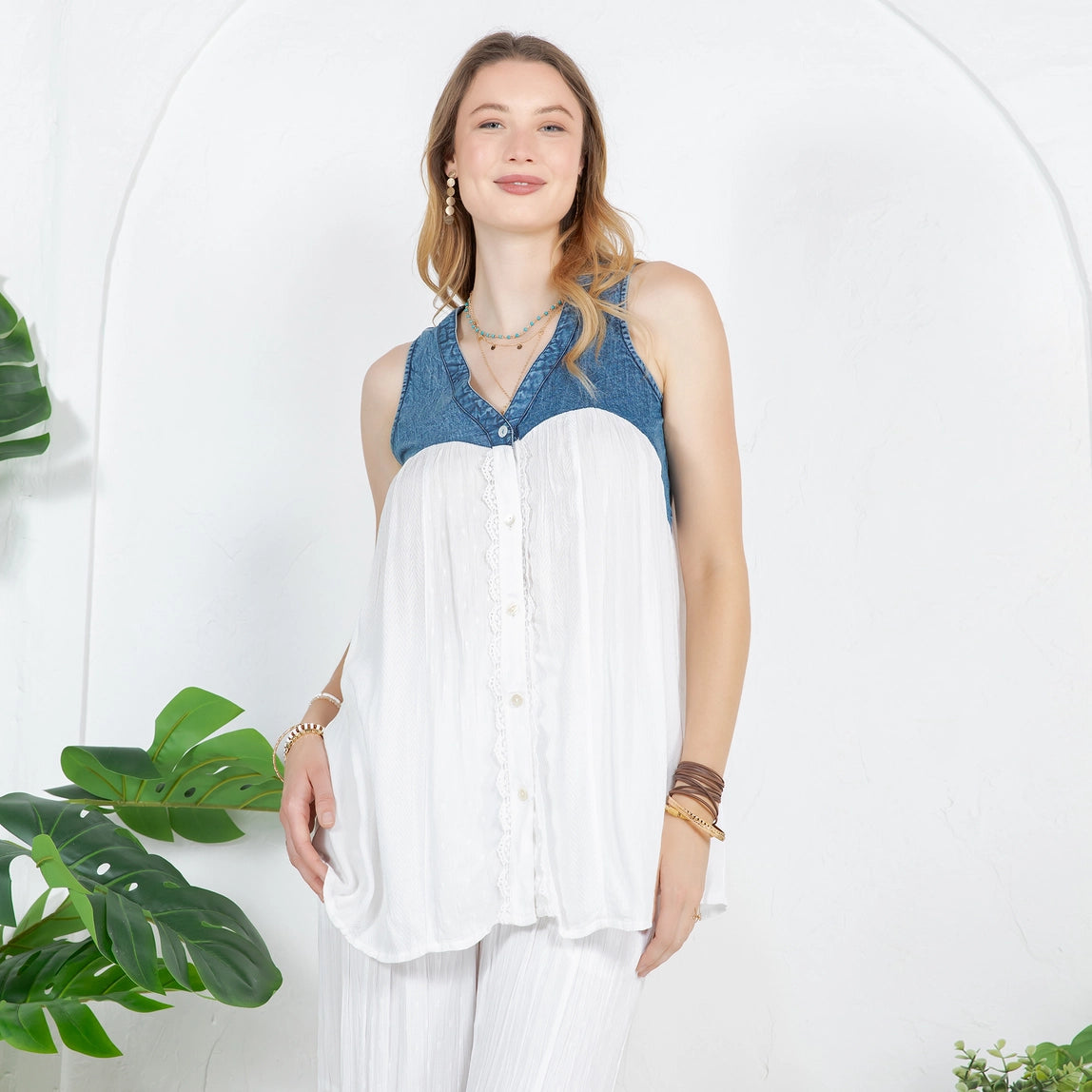 YT Chic V-Neck Front-Open Top with Artistic White Patchwork-XL