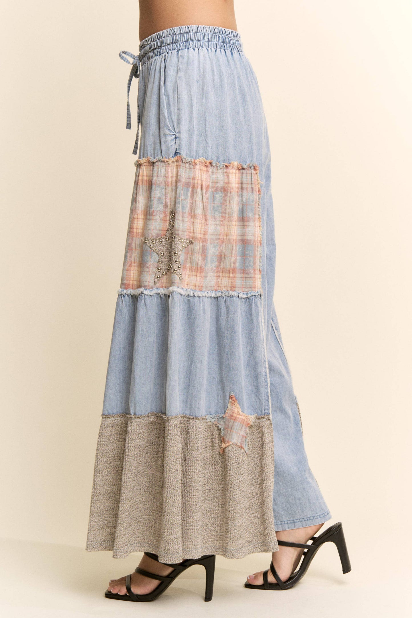 Davi & Dani - DENIM LACE BLOCKED WIDE LEG PANTS