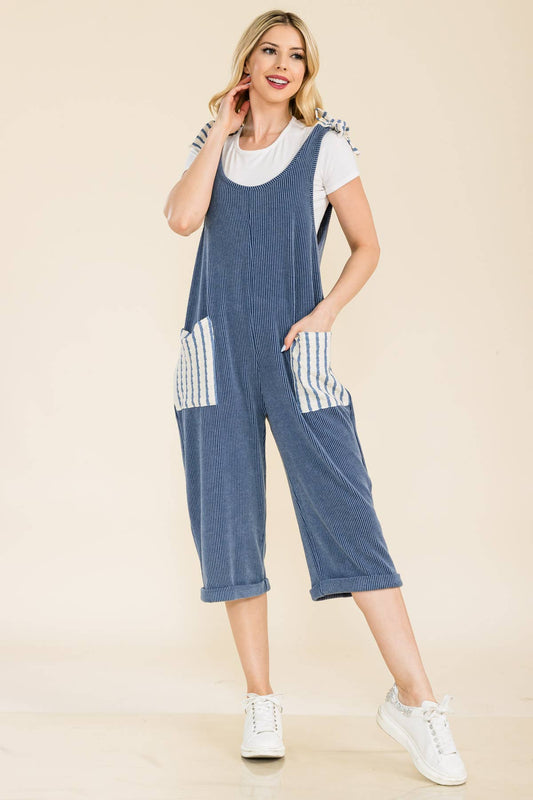DENIM STRIPE URBAN RIBBED CAPRI JUMPSUIT