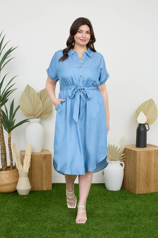 CHAMBRAY BELTED BUTTON-DOWN MIDI SHIRT DRESS