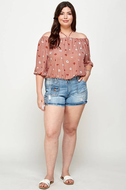 Black -The Curvy Checkered Off The Shoulder Top -