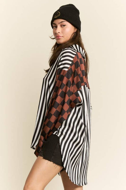JADE BY JANE - PLUS SIZE SPLIT DECISION CHECKER-STRIPE BLOUSE
