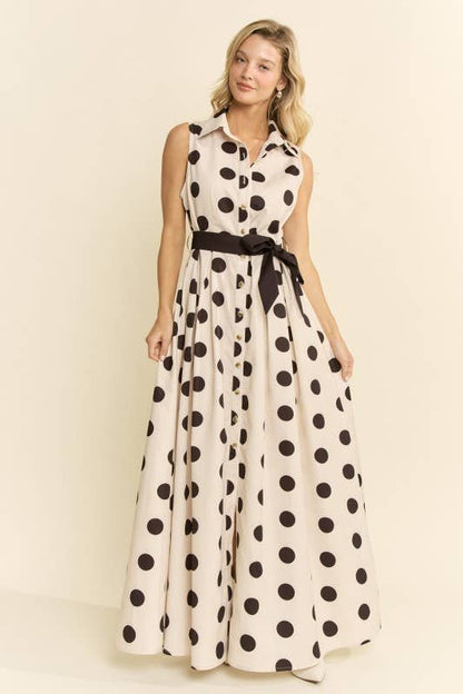 BLACK-POLKA DOT BUTTON DOWN BELTED SLEEVELESS SHIRT DRESS