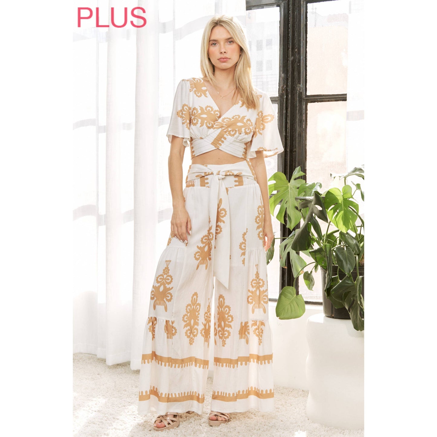 CURVY CHIC BOHO SELF BELTED WIDE LEG PANTS