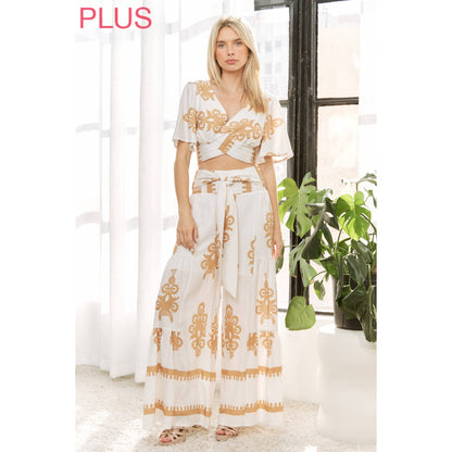CURVY CHIC BOHO SELF BELTED WIDE LEG PANTS