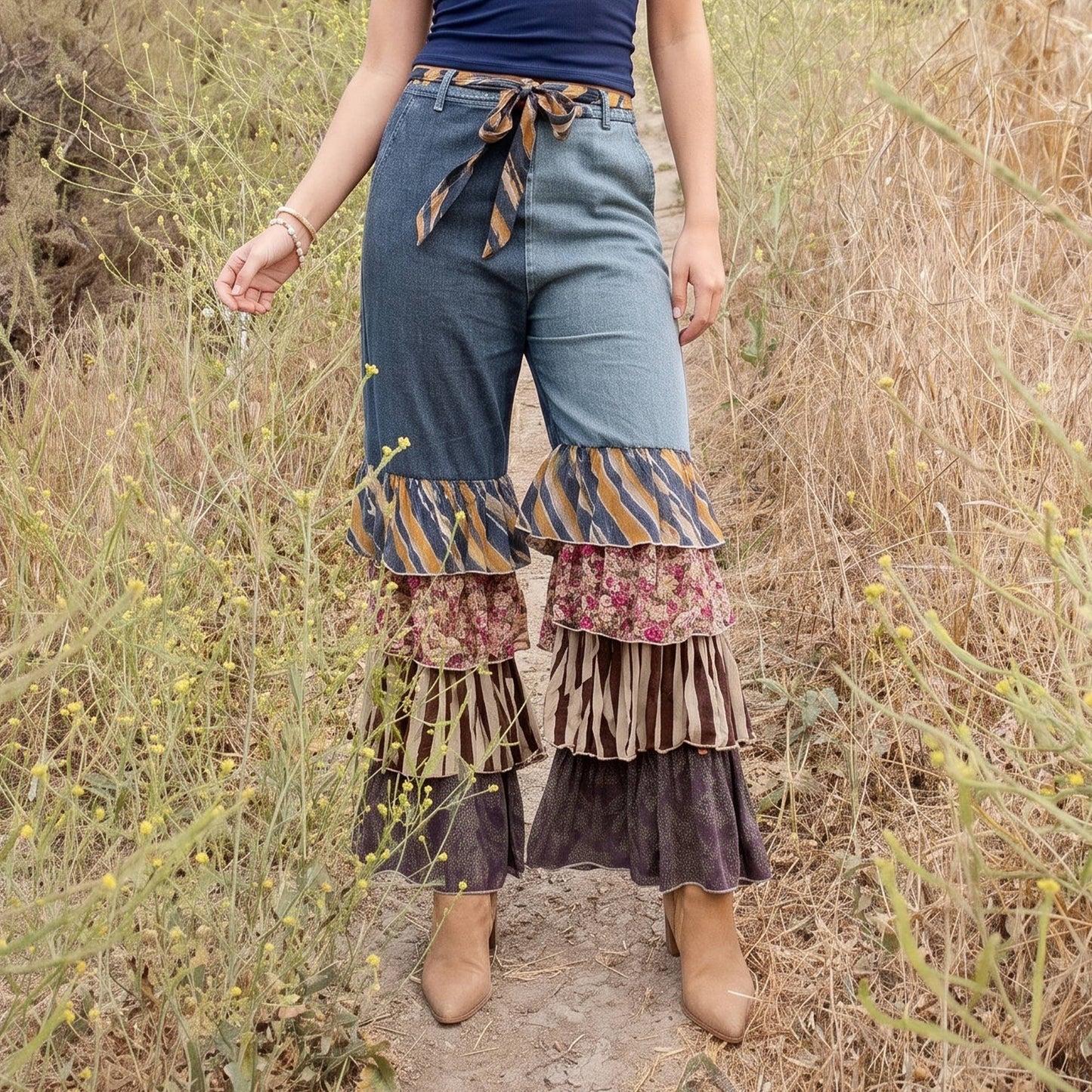 Young Threads - Mixed Print Denim Patchwork Ruffle Flare Pants with Belt NEW