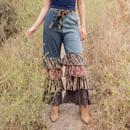 Young Threads - Mixed Print Denim Patchwork Ruffle Flare Pants with Belt NEW