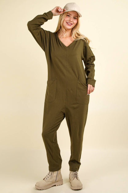 Olive- Curvy Solid Knit Baggy Comfy Jumpsuit