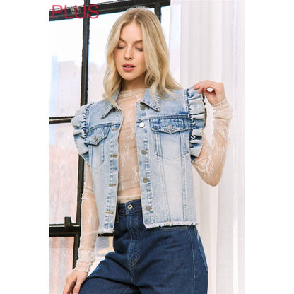 Sweet Generis - DENIM WASH VEST JACKET with ARMHOLE RUFFLE DETAILS