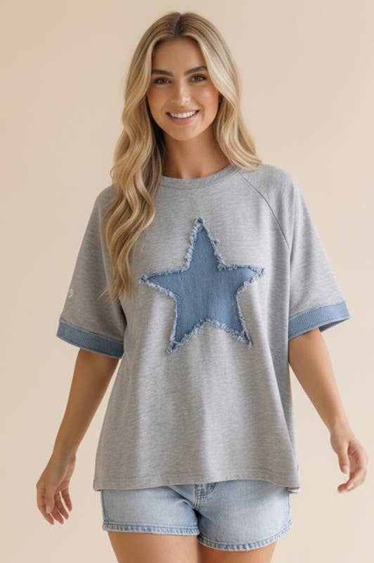 Denim Star Patchwork Washed French Terry Top