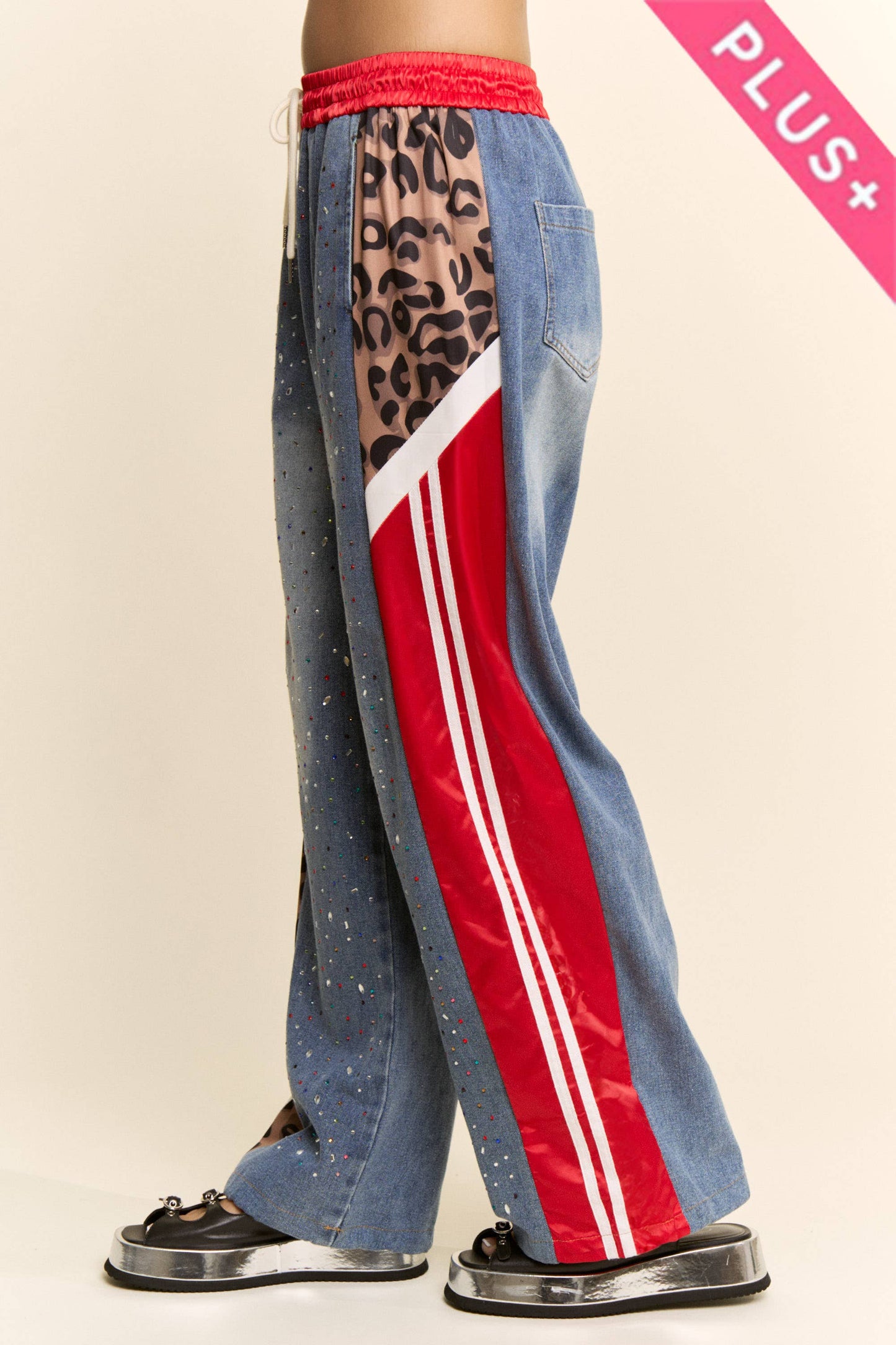 Davi & Dani - PLUS RHINESTONE JOGGERS CRYSTAL DENIM TRACK PANT