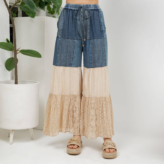 Boho Tiered Patch Inserted Denim Lace & Knit Pants- Latte