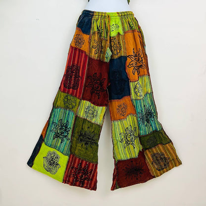 Green Patchwork Unisex Boho Wide Leg Palazzo Pant