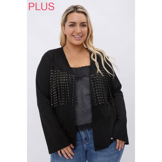 VOCAL - CURVY SUEDE NAILHEAD FRINGED JACKET