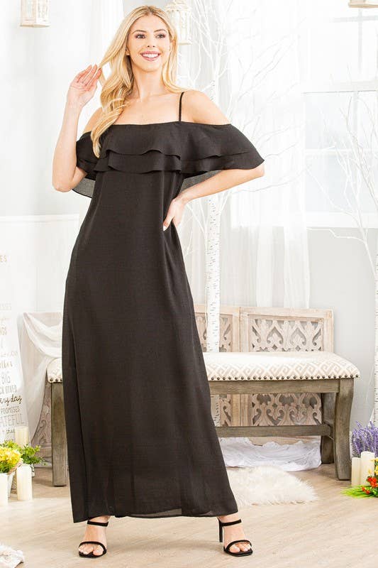 BLACK SQUARE NECK RUFFLE SHOULDER STRAP MAXI DRESS