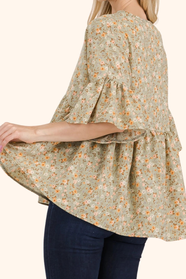 Sage Flowy Floral Empire Tunic Top