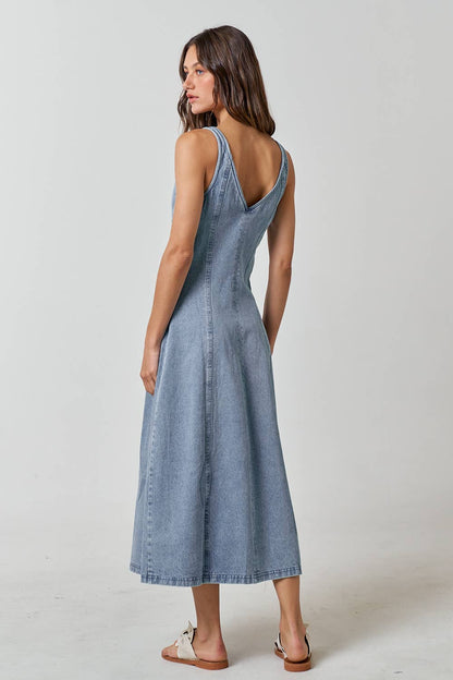 V-Neck Denim Sleevless Maxi Dress