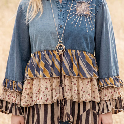 Young Threads - Vintage Boho Denim Yoke Patchwork Tiered Tunic Top  NEW