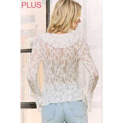 Sweet Generis - WHITE LACE RUFFLE V-NECKLINE TOP WITH LONG SLEEVES