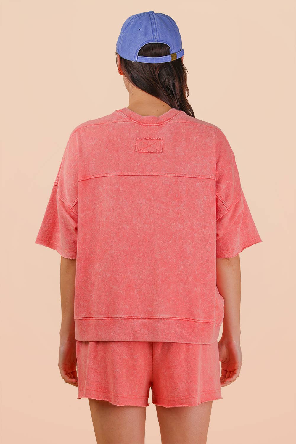 Coral Mineral Washed Knit Casual Top & Shorts
